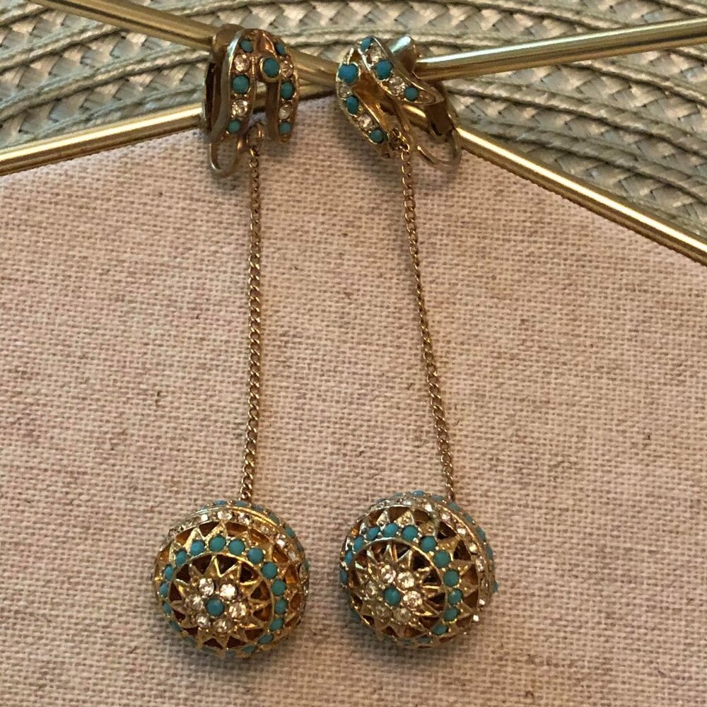 Turquoise Bead and Rhinestone Chain Drop Clip On Earrings